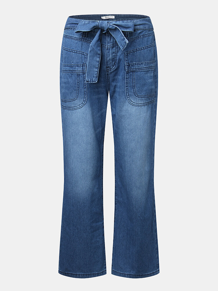 Women Casual Zipper Fly Lace-Up Mid Waist Wide Leg Jeans With Pocket