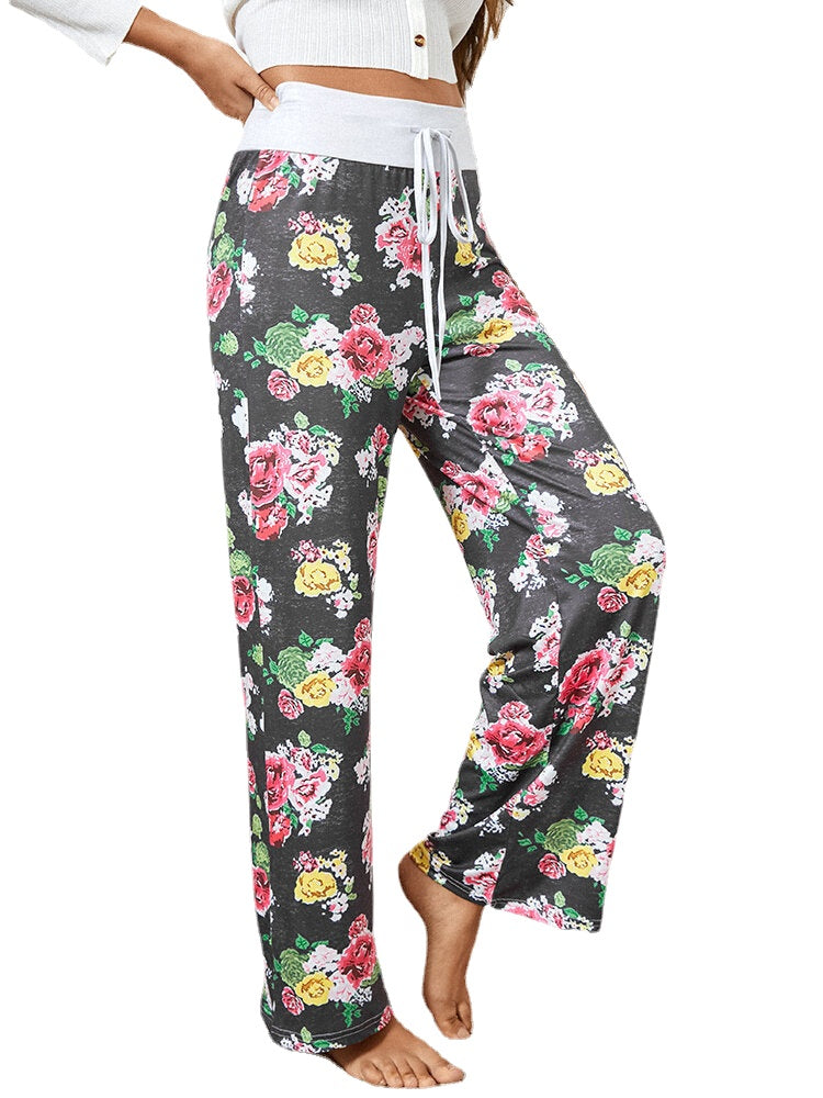 Women Plus Size Allover Flowers Print Drawstring Waist Loose Casual Home Pajamas Pants