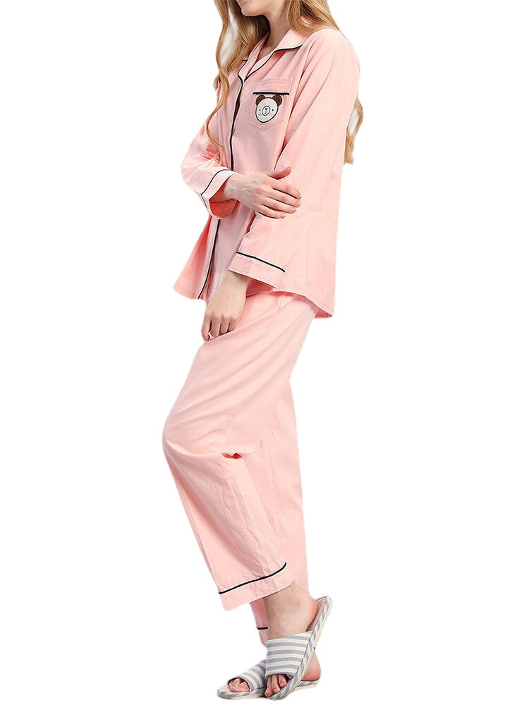 Plus Size Women's Cotton Cartoon Applique Lapel Pajama Set with Contrast Binding