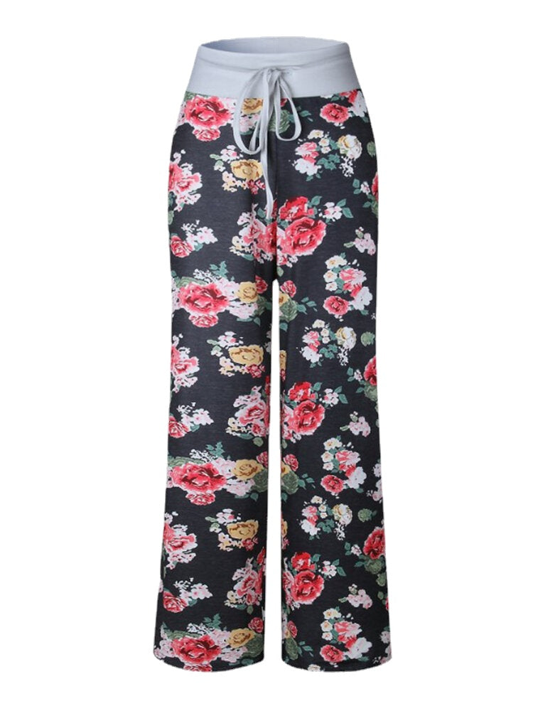 Women Plus Size Allover Flowers Print Drawstring Waist Loose Casual Home Pajamas Pants