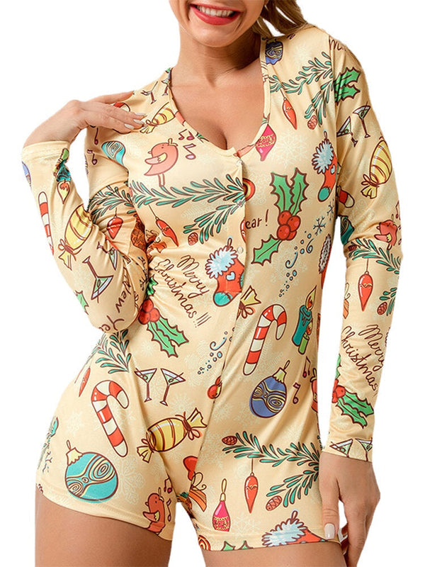 Plus Size Women Cartoon Print V-Neck  Long Sleeve Onesies Home Sleepwear Rompers