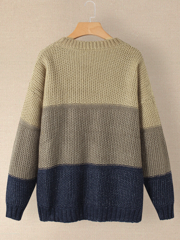 Women Contrast Color Patchwork Round Neck Long Sleeve Knitted Casual Sweater
