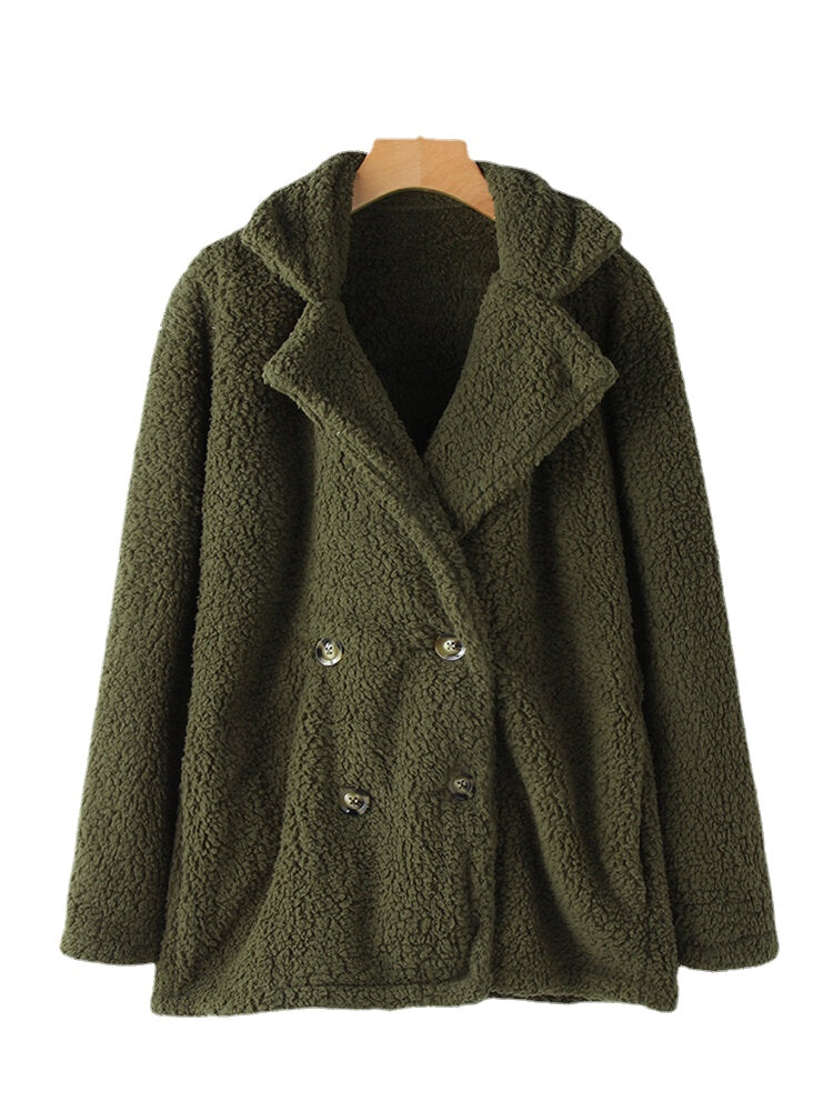 Women Solid Color Double Breasted Plush Warm Coat With Pocket Main image