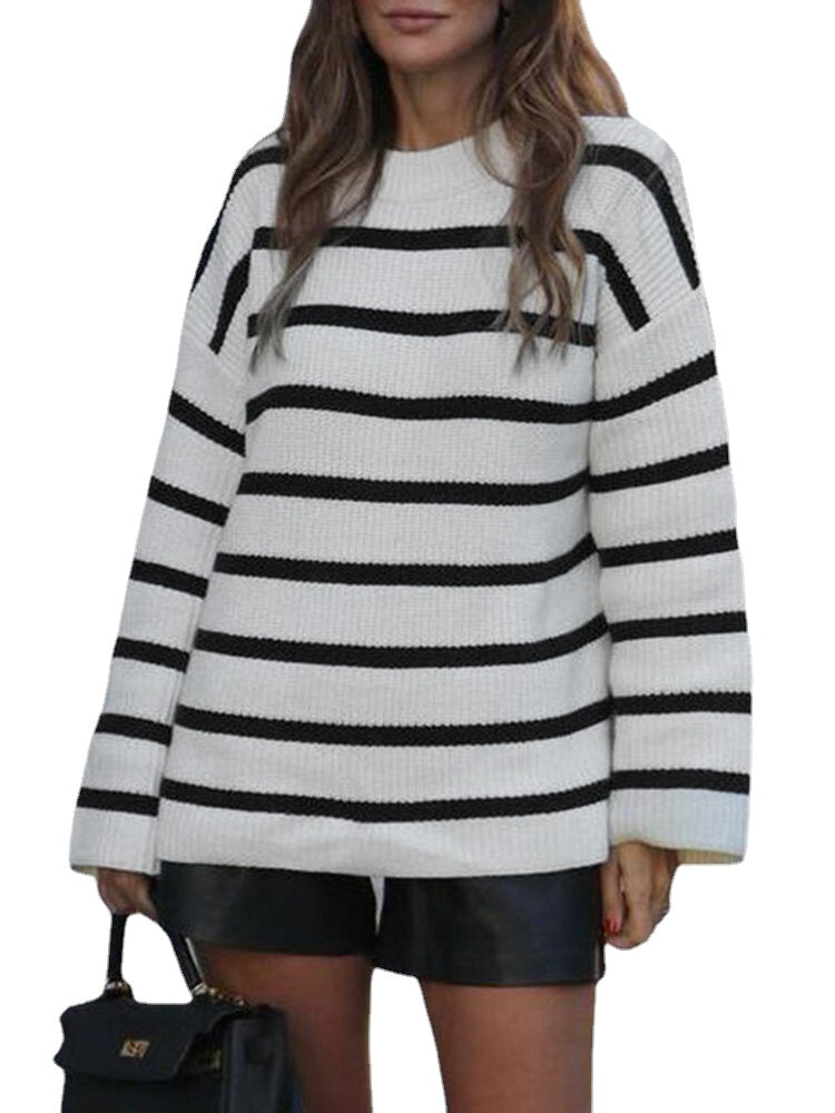 Women Black and White Striped O-Neck Casual Loose Fit Preppy Sweasters Main image