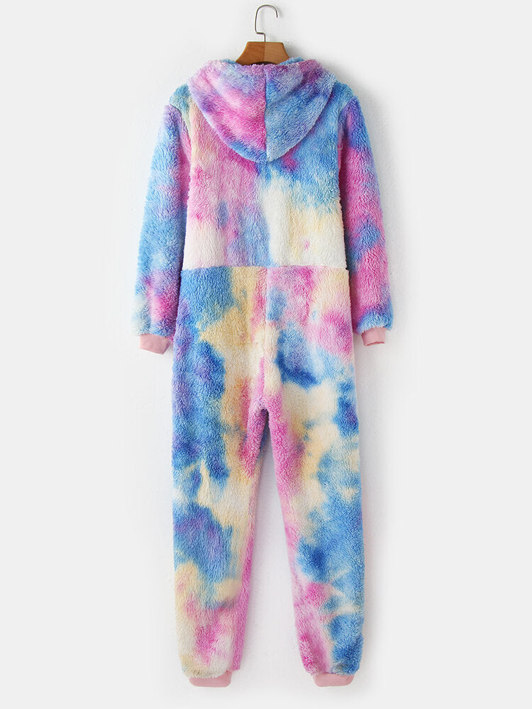Women's Tie Dye Hooded Jumpsuit with Pockets & Zipper - Sleepwear Secondary image