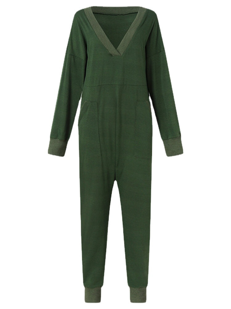 Women V-Neck Long Sleeve Daily Solid Color Harem Jumpsuit With Pocket Secondary image