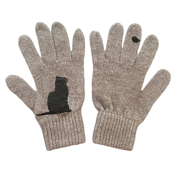 Women's Wool Gloves Autumn Winter Outdoor Warm Cold Padded Cat Bird Print Glove