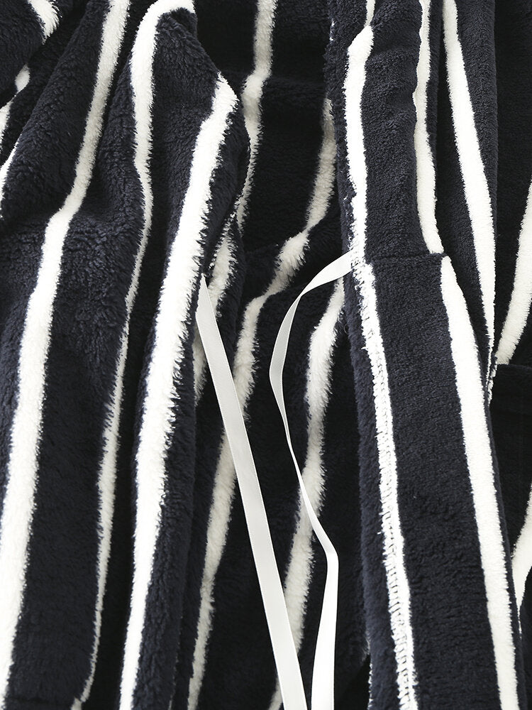 Men Basic Striped Print Flannel Winter Thick Mid-Length Home Lounge Robes