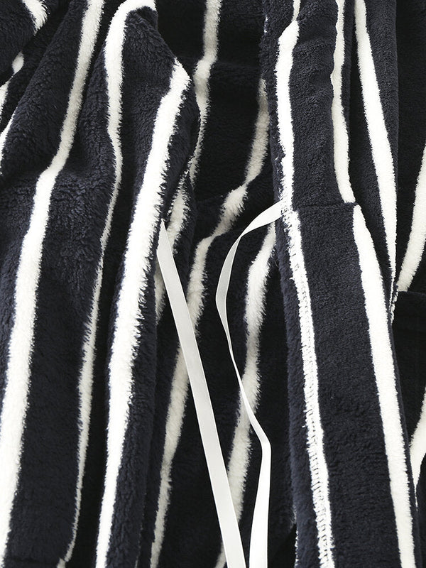 Men Basic Striped Print Flannel Winter Thick Mid-Length Home Lounge Robes