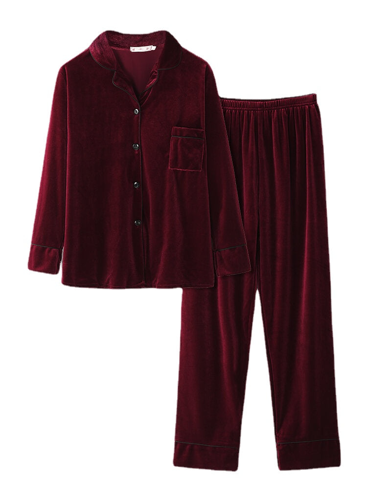 Plus Size Velvet Pajama Set: Lapel Button Top & Loose Straight Pants for Women