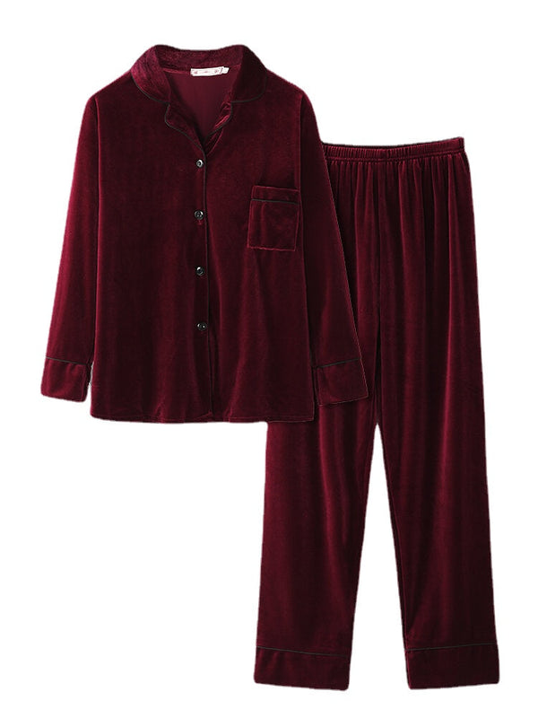 Plus Size Velvet Pajama Set: Lapel Button Top & Loose Straight Pants for Women