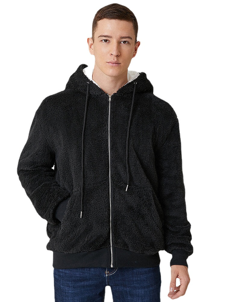 Mens Black Plush Warm Long Sleeve Pocket Teddy Hooded Jacket Main image