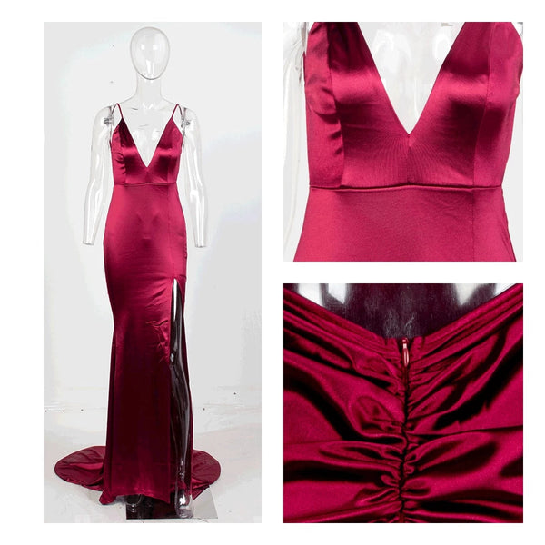 Love&Lemonade  Sexy Deep V-Neck Burgundy Cut Out Sling Open Back Bodycon Long Dress  LM81222-1