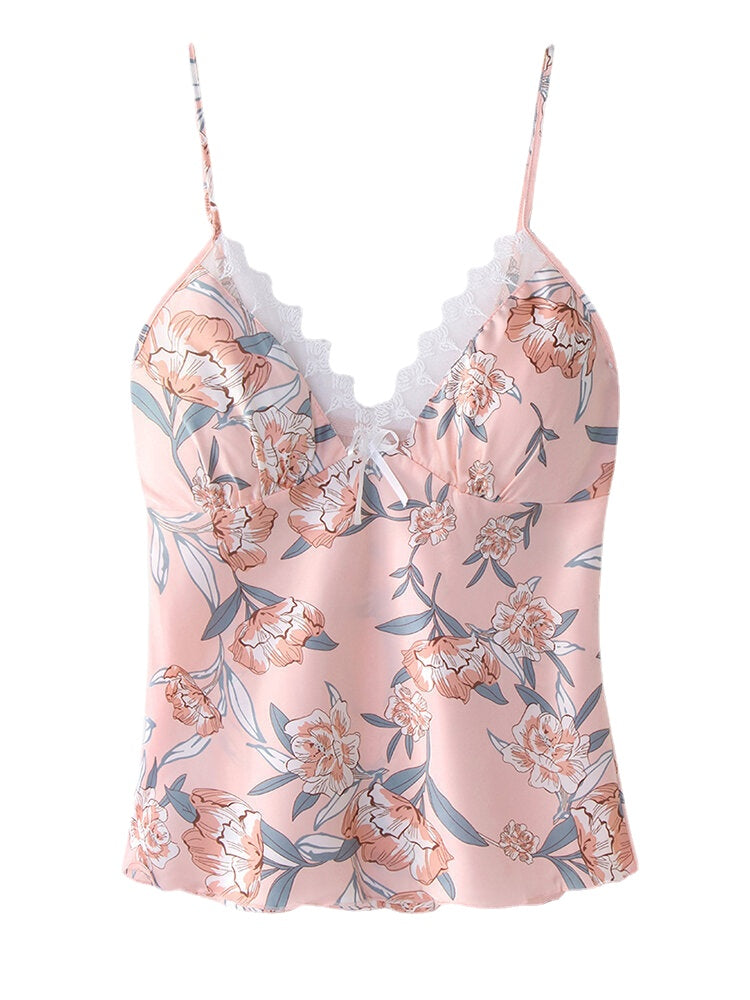 Women's Floral Lace Trim Pajama Set - Smooth Vest & Shorts Main image