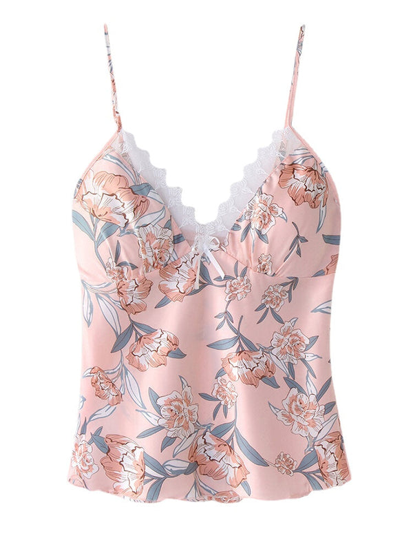 Women's Floral Lace Trim Pajama Set - Smooth Vest & Shorts