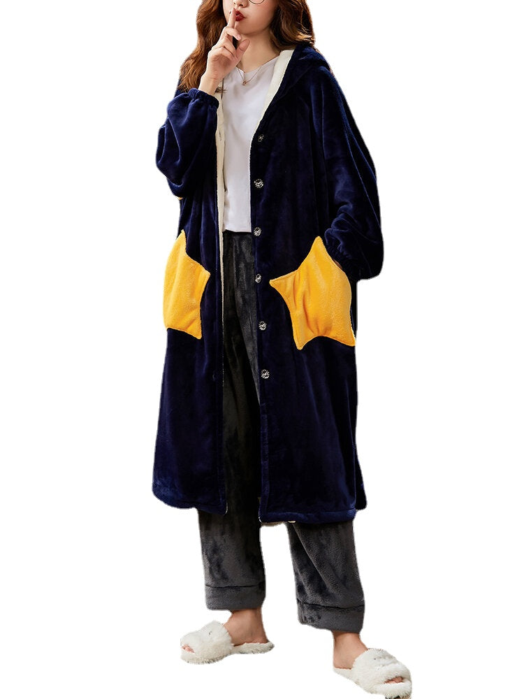 Women's Warm Hooded Coral Fleece Robe with Double Star Pockets