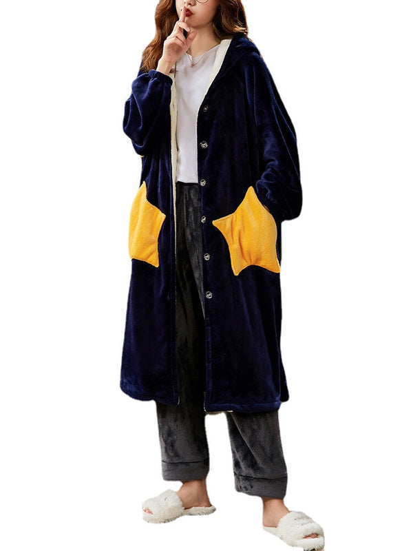 Women's Warm Hooded Coral Fleece Robe with Double Star Pockets