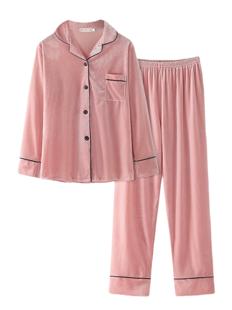 Plus Size Velvet Pajama Set: Lapel Button Top & Loose Straight Pants for Women