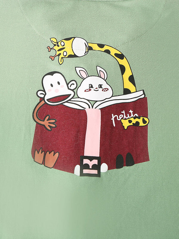 Women's Cartoon Print Pajama Set: Elastic Waist, Pocket Pants