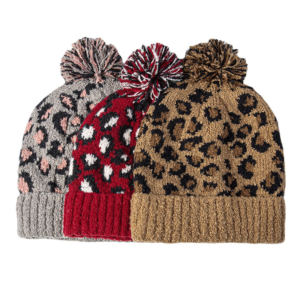 Unisex Leopard Knit Beanie with Fur Pom, Warm & Casual Main image