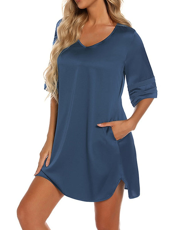 Women's Casual V-Neck T-Shirt Mini Dress - Cozy Patchwork Split Design for Home Lounge