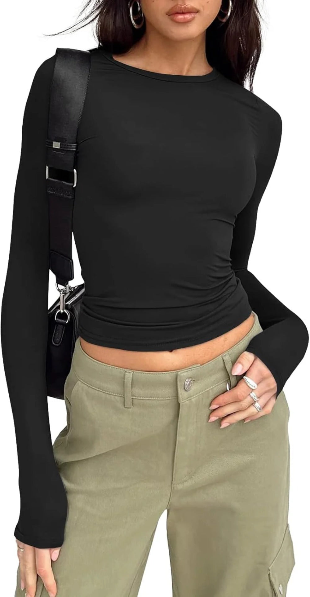 Womens Long Sleeve Shirts Basic Crop Tops Tight Slim Fit Cute Teen Girls Fall Winter Clothes