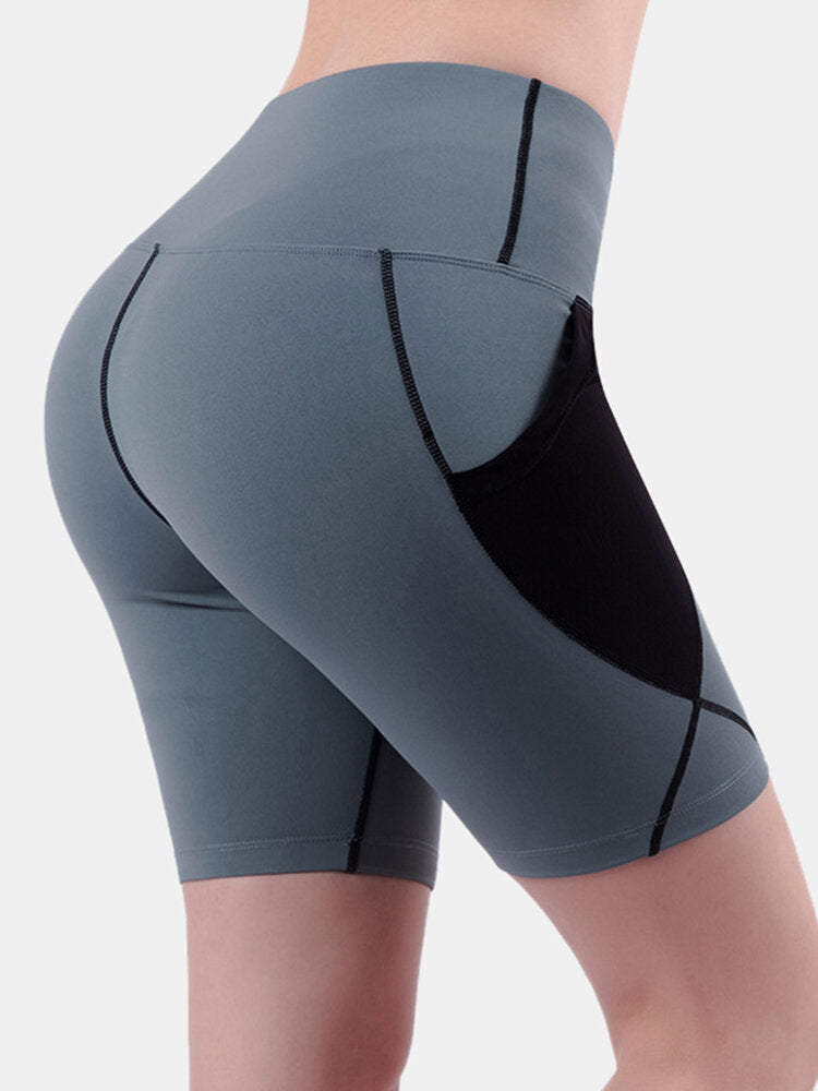 Women Dry Quickly Solid Color Sports High Waist Biker Shorts With Mesh Pockets