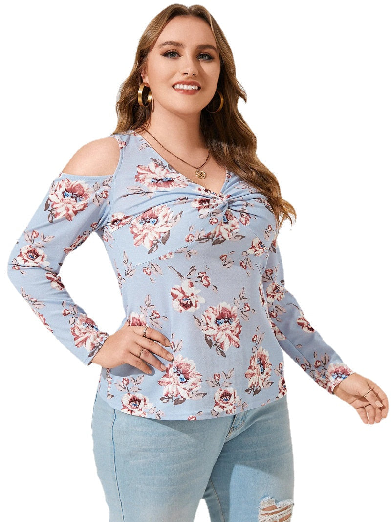 Plus Size Cold Shoulder Floral Print Twist Long Sleeves Tee