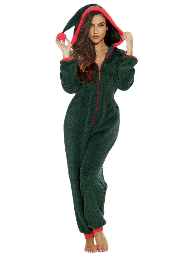 Women's Cozy Fleece Hooded Jumpsuit Sleepwear - Warm Long Sleeve Solid Color