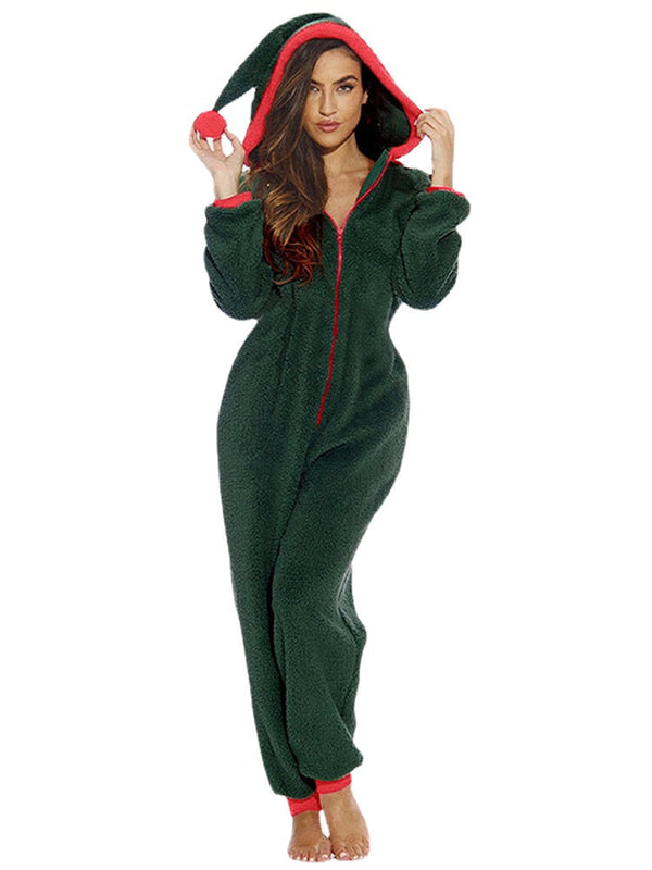 Women's Cozy Fleece Hooded Jumpsuit Sleepwear - Warm Long Sleeve Solid Color