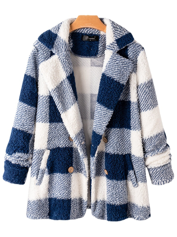 Women Plaid Warm Fluffy Plush Double Breasted Coat With Pocket Main image