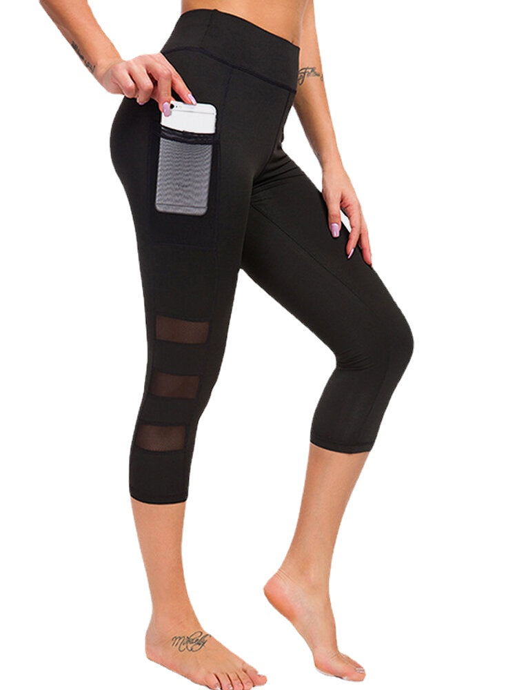 Women Mesh Patchwork Bodycon Cropped Yoga Sport Leggings With Pockets Main image