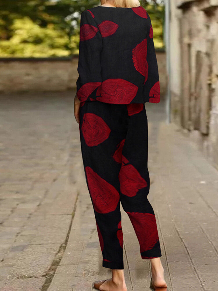 Vintage Print Tie Elastic Waist Pocket Long Sleeve Two Pieces Set Secondary image