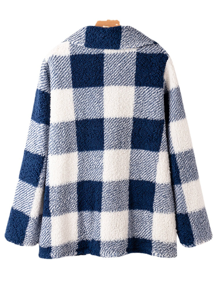 Women Plaid Warm Fluffy Plush Double Breasted Coat With Pocket Secondary image