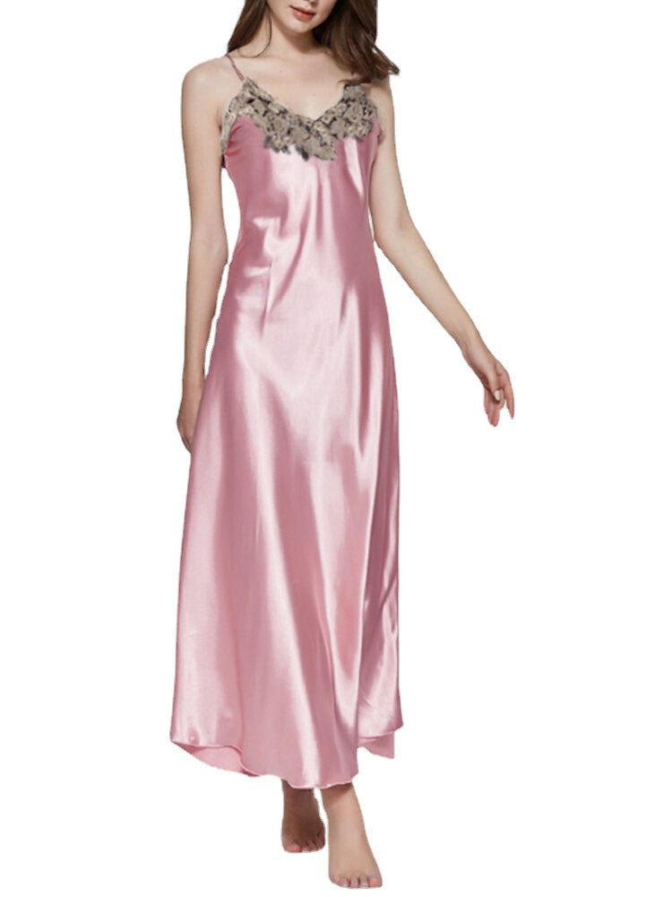 Women's Lace Satin V-Neck Sleeveless Nightgown Dress