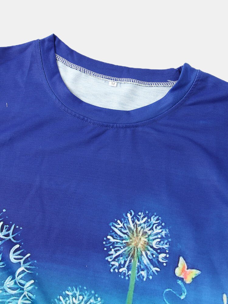 Women Flower Printed Ombre Long Sleeve O-Neck Daily T-Shirt