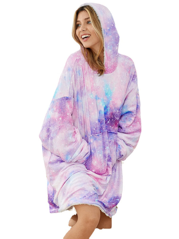 Women's Starry Sky Reversible Blanket Hoodie with Pocket - Oversized, Thick, Comfy Homewear