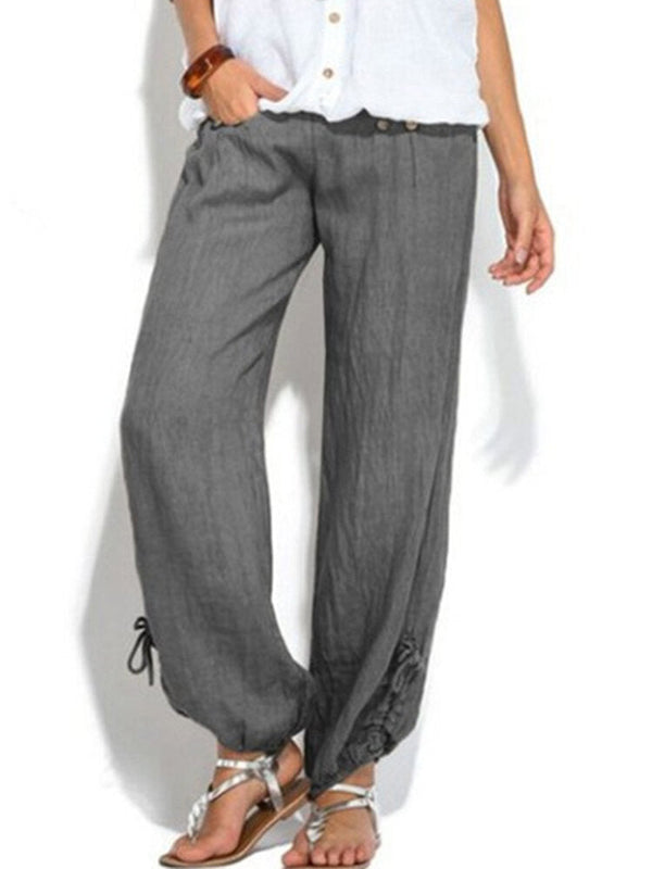Women Casual High Waist Solid Color Button Yoga Harem Pants