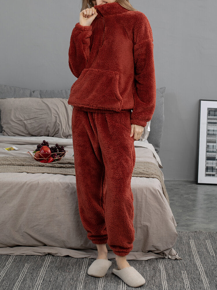 Women's Plush Fluffy Pajama Set with Kangaroo Pocket Pullover & Jogger Pants