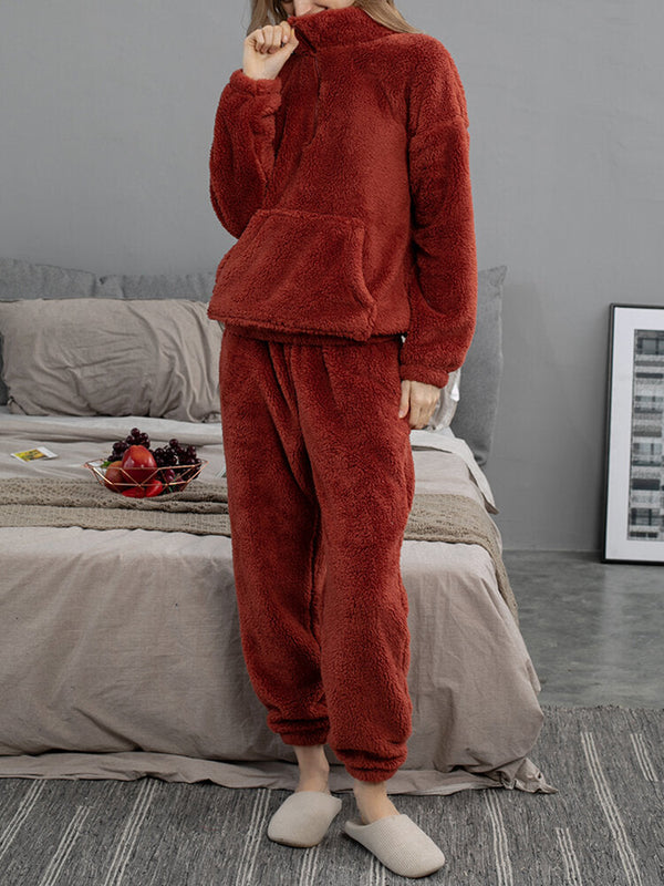 Women's Plush Fluffy Pajama Set with Kangaroo Pocket Pullover & Jogger Pants