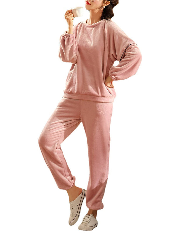 Women's Coral Fleece Raglan Sleeve Pajama Set with Pockets - Warm & Cozy