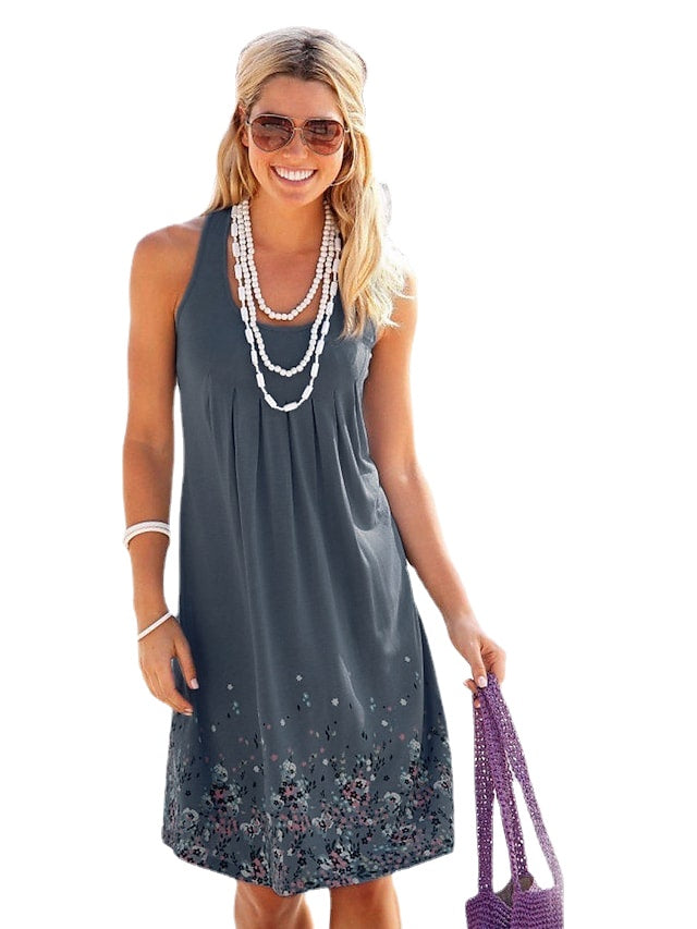 Women's Sleeveless Floral Print Crew Neck Holiday Dress