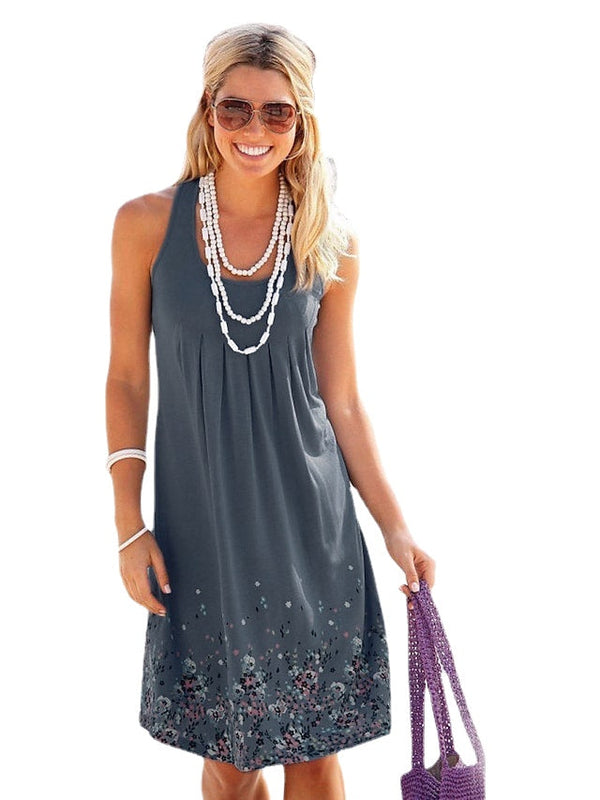 Women's Sleeveless Floral Print Crew Neck Holiday Dress