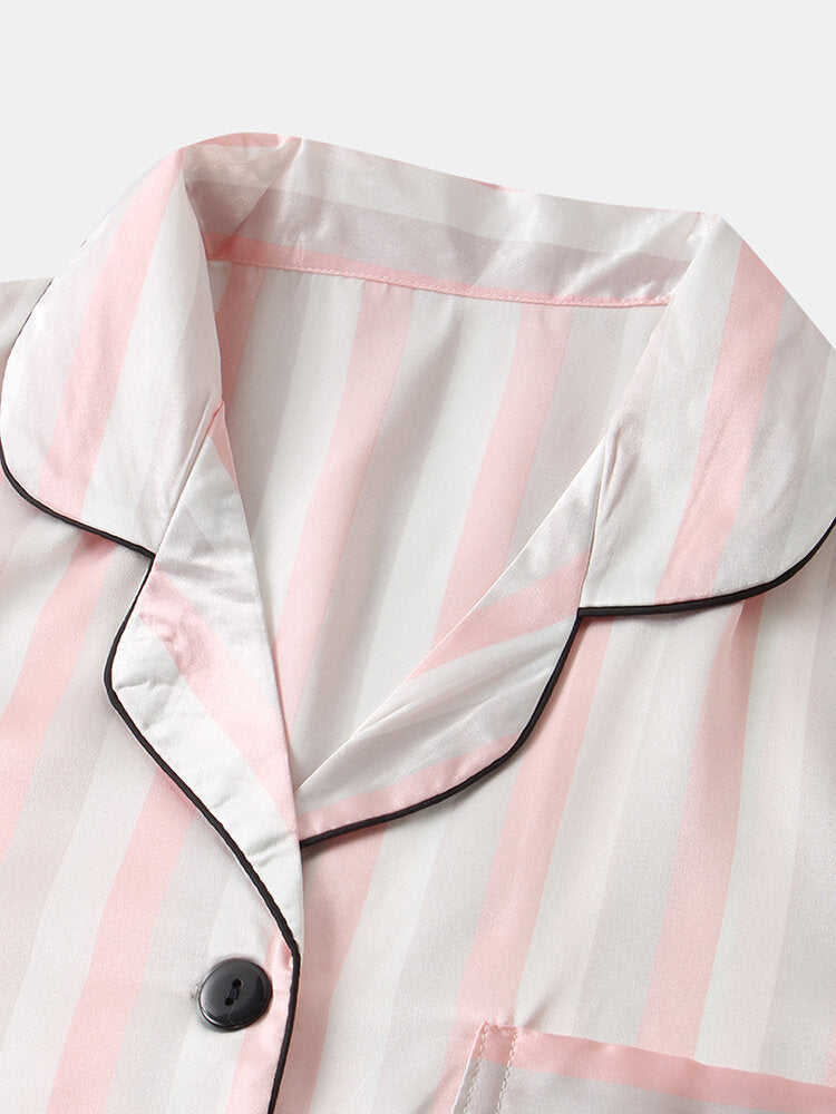 Women's Colorful Striped Revere Collar Silk Pajama Set with Pockets