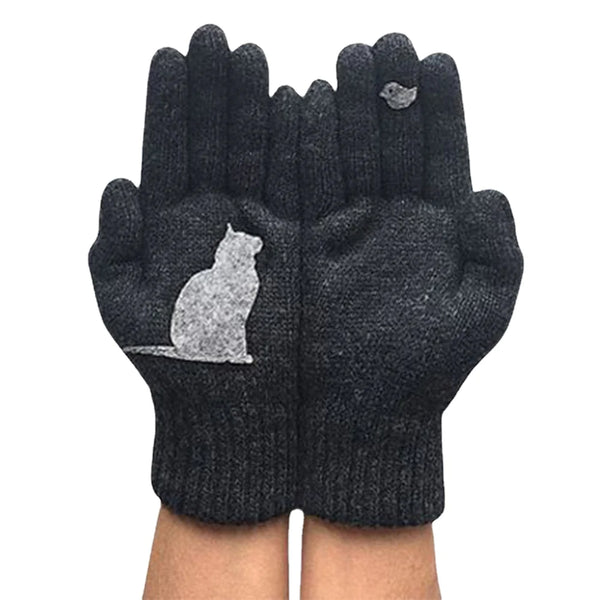 Women's Wool Gloves Autumn Winter Outdoor Warm Cold Padded Cat Bird Print Glove