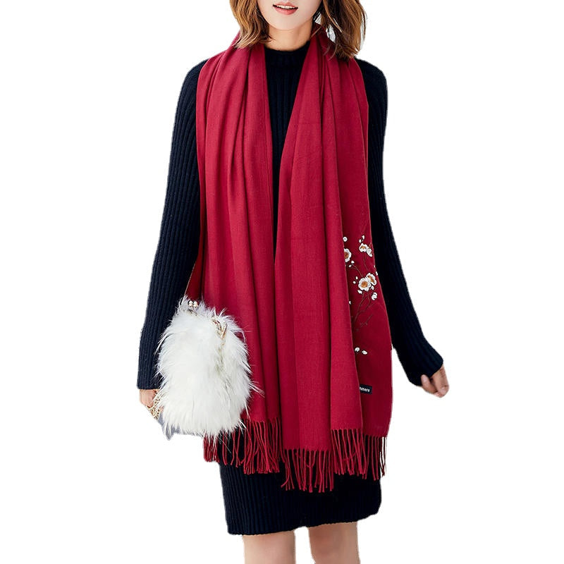 Women Winter Cashmere-Like Plum Embroidery Tassel Ethnic Elegant Scarf Shawl Main image