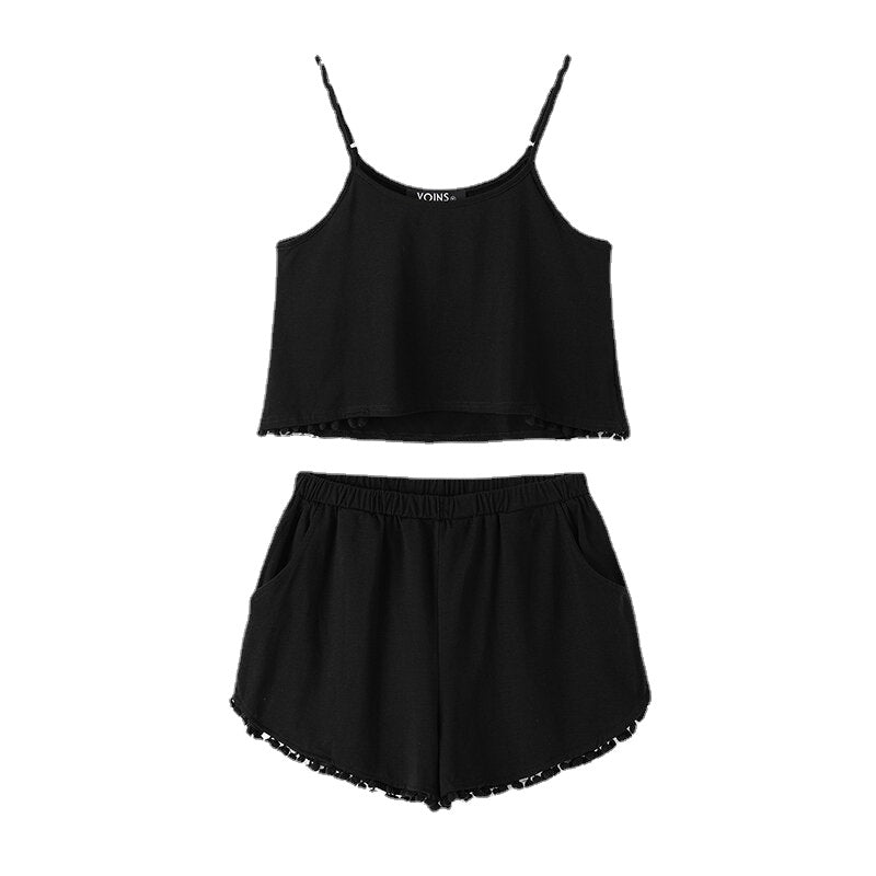 Black Sport Sleeveless Top and Elastic Waist Short Co-ord With Pom Pom Details Sportswear Main image