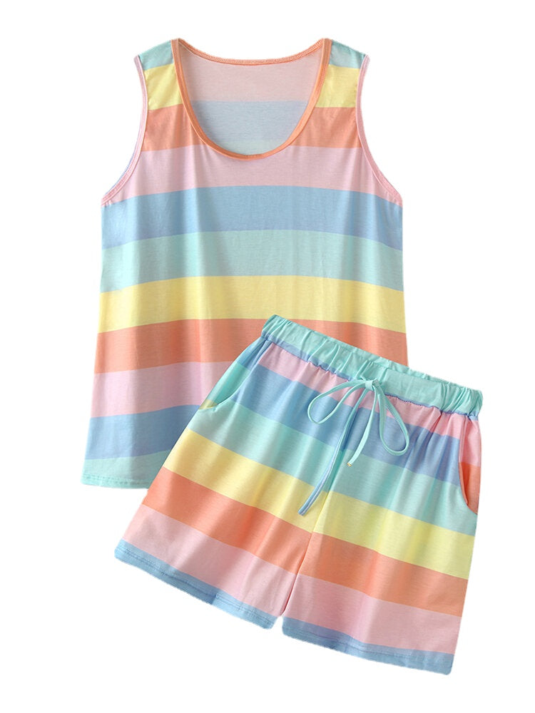 Plus Size Women's Striped Sleeveless Pajama Set - Soft Sleepwear Tank Top
