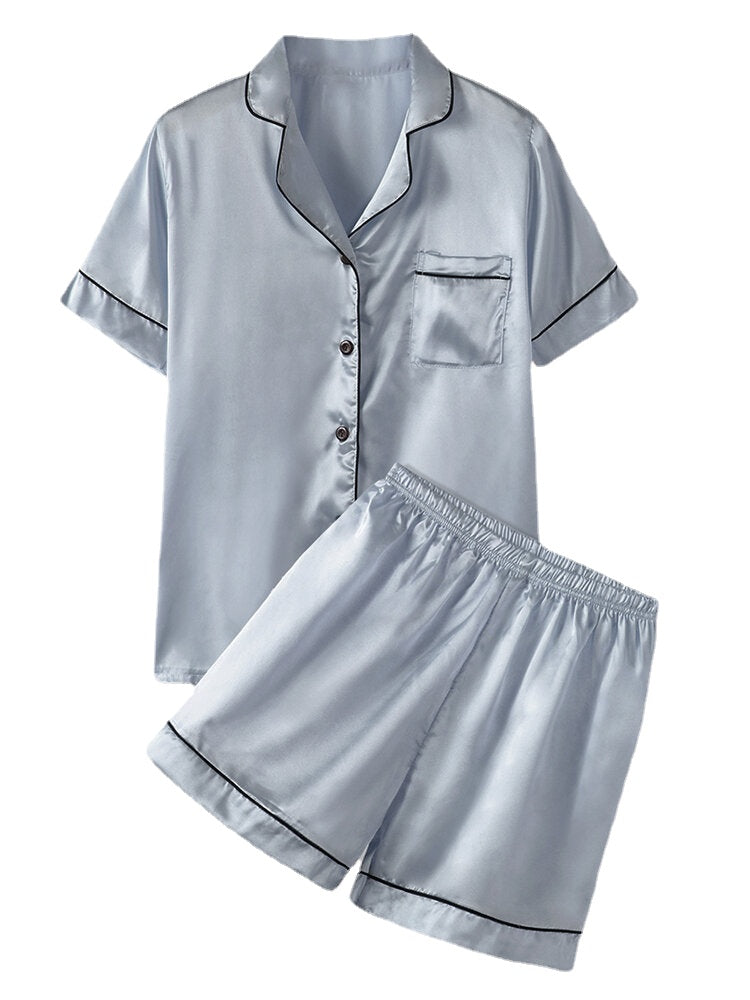 Plus Size Women's Faux Silk Pajama Set - Solid Color, Revere Collar, Smooth & Casual