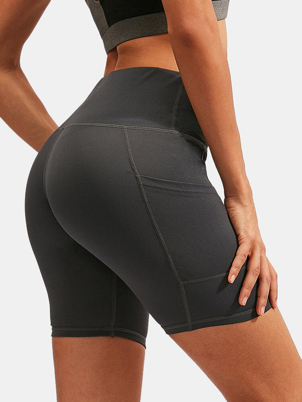 Women Solid Color Quick Dry Yoga Sport High Elastic Shorts With Side Pocket